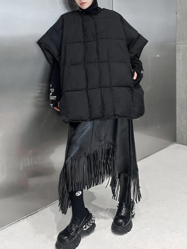 Batwing Sleeves Half Sleeves Buttoned Solid Color Round-Neck Padded Vest - Image 6