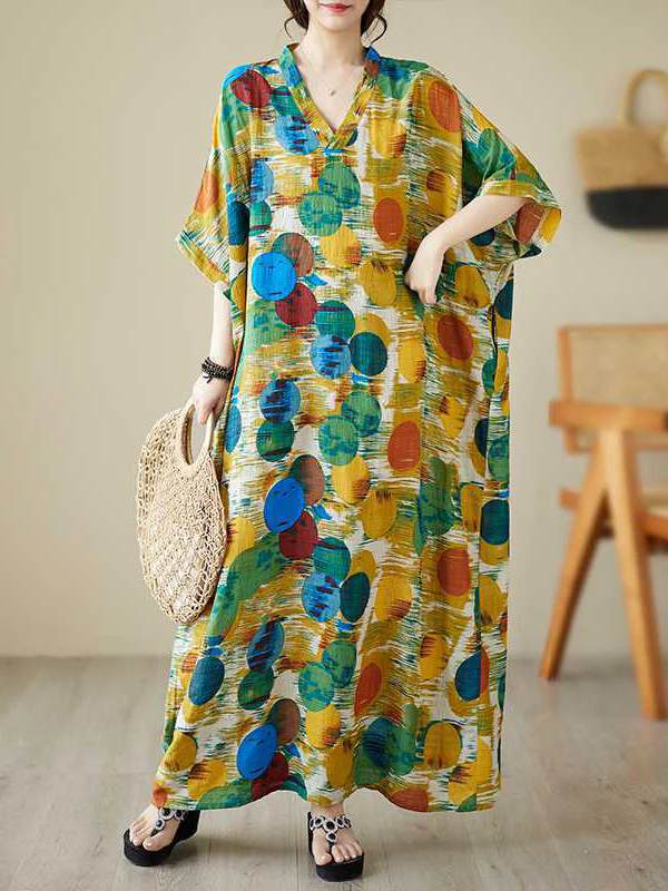 Batwing Sleeves Half Sleeves Contrast Color Polka-Dot V-Neck Maxi Dresses - Image 2