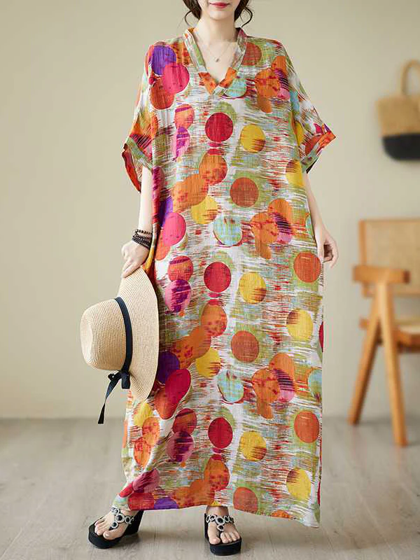 Batwing Sleeves Half Sleeves Contrast Color Polka-Dot V-Neck Maxi Dresses - Image 3