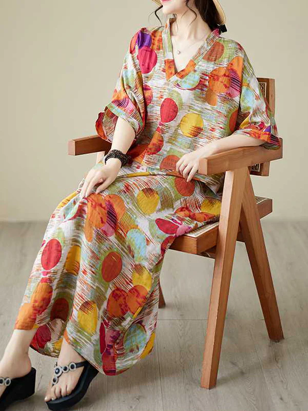 Batwing Sleeves Half Sleeves Contrast Color Polka-Dot V-Neck Maxi Dresses - Image 4