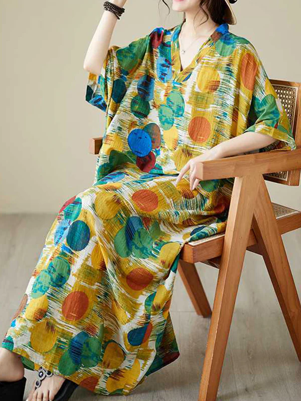 Batwing Sleeves Half Sleeves Contrast Color Polka-Dot V-Neck Maxi Dresses - Image 5