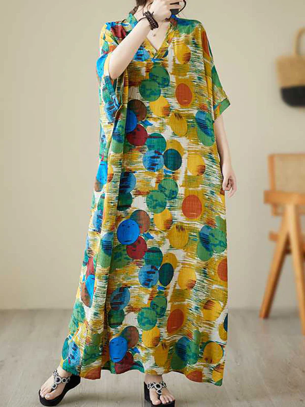 Batwing Sleeves Half Sleeves Contrast Color Polka-Dot V-Neck Maxi Dresses - Image 6