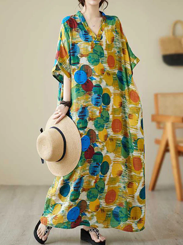 Batwing Sleeves Half Sleeves Contrast Color Polka-Dot V-Neck Maxi Dresses - Image 7