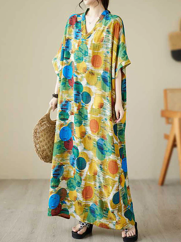 Batwing Sleeves Half Sleeves Contrast Color Polka-Dot V-Neck Maxi Dresses - Image 8