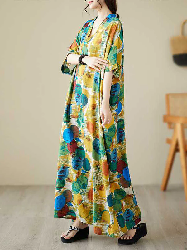 Batwing Sleeves Half Sleeves Contrast Color Polka-Dot V-Neck Maxi Dresses - Image 9