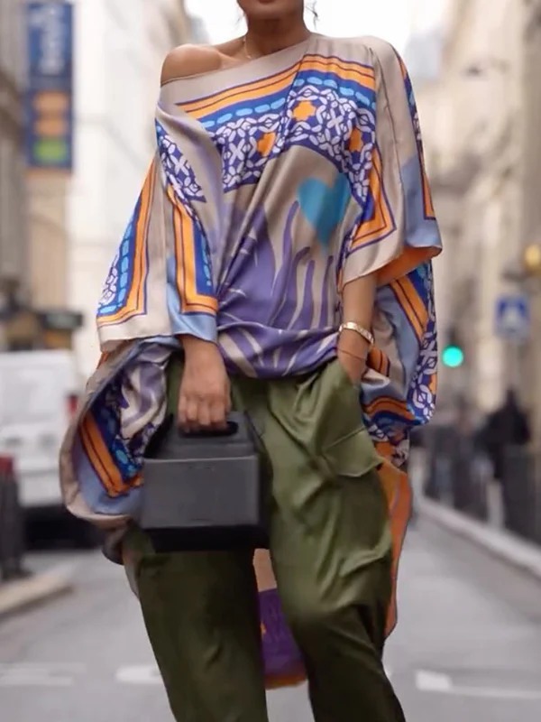 Batwing Sleeves Half Sleeves Contrast Color Printed One-shoulder Blouses&shirts Tops - Image 2