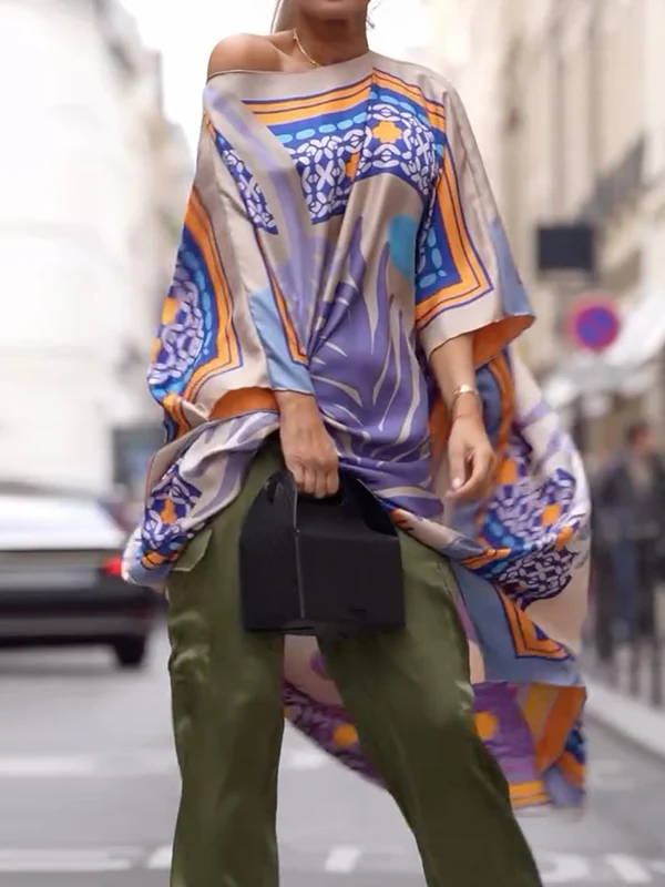 Batwing Sleeves Half Sleeves Contrast Color Printed One-shoulder Blouses&shirts Tops - Image 3