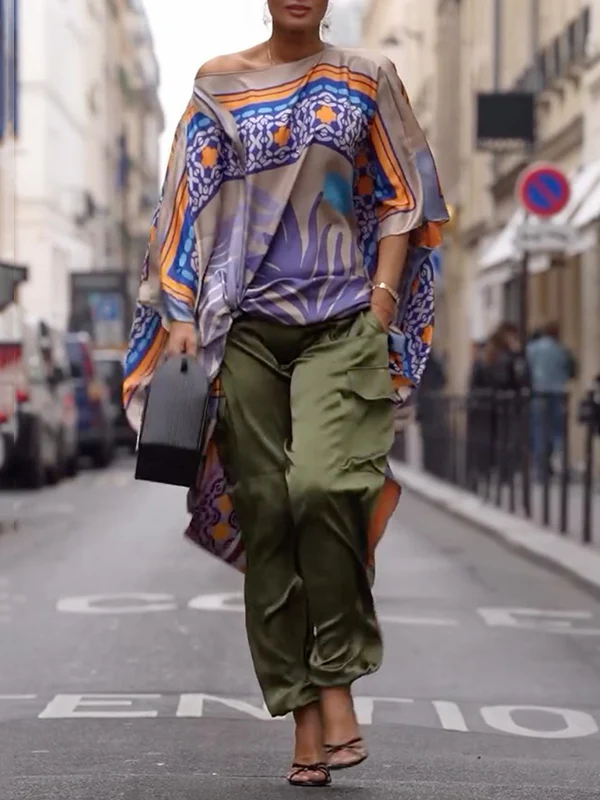 Batwing Sleeves Half Sleeves Contrast Color Printed One-shoulder Blouses&shirts Tops - Image 5