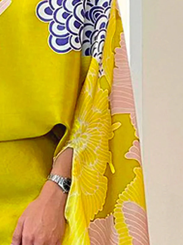 Batwing Sleeves Half Sleeves Flower Print Mock Neck Blouses&Shirts Tops - Image 3