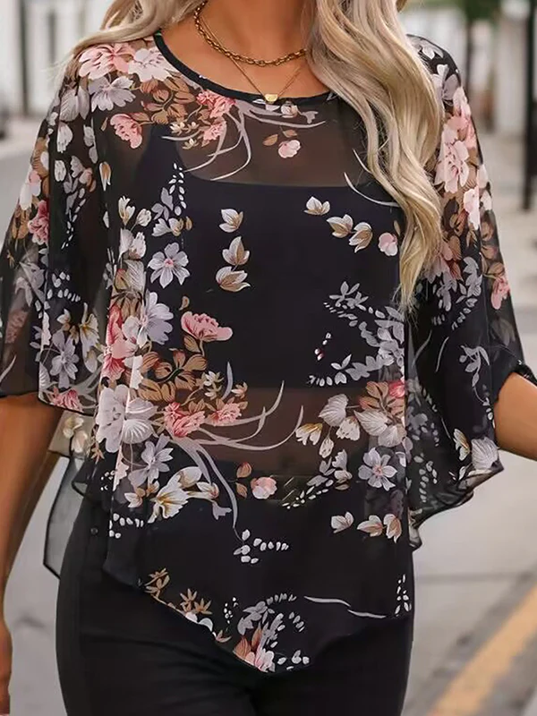 Batwing Sleeves Half Sleeves Flower Print See-Through Round-Neck Blouses&Shirts Tops Cover-Ups Tops - Image 2