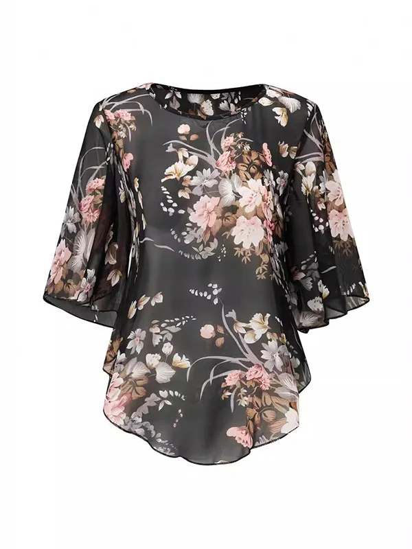 Batwing Sleeves Half Sleeves Flower Print See-Through Round-Neck Blouses&Shirts Tops Cover-Ups Tops - Image 4