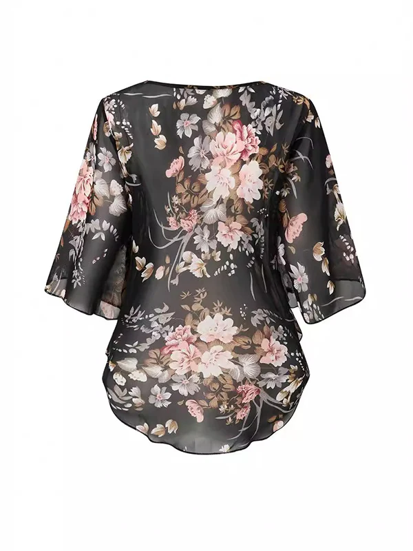 Batwing Sleeves Half Sleeves Flower Print See-Through Round-Neck Blouses&Shirts Tops Cover-Ups Tops - Image 5