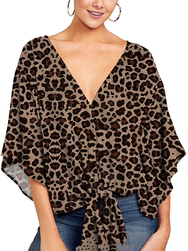 Batwing Sleeves Half Sleeves Knot Leopard V-Neck Blouses&Shirts Tops - Image 2