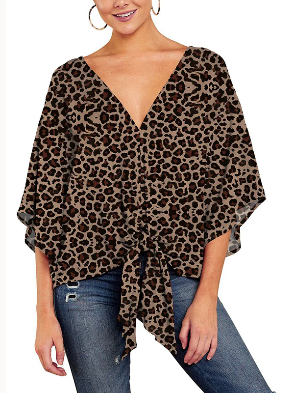 Batwing Sleeves Half Sleeves Knot Leopard V-Neck Blouses&Shirts Tops - Image 3