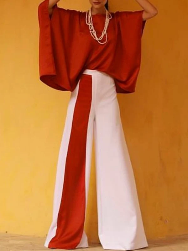 Batwing Sleeves Half Sleeves Solid Color Top + Contrast Color Wide Leg Pants Two Pieces Set - Image 2