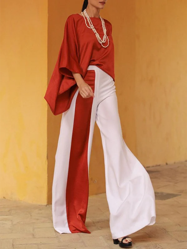 Batwing Sleeves Half Sleeves Solid Color Top + Contrast Color Wide Leg Pants Two Pieces Set - Image 3
