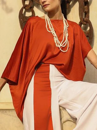 Batwing Sleeves Half Sleeves Solid Color Top + Contrast Color Wide Leg Pants Two Pieces Set - Image 4
