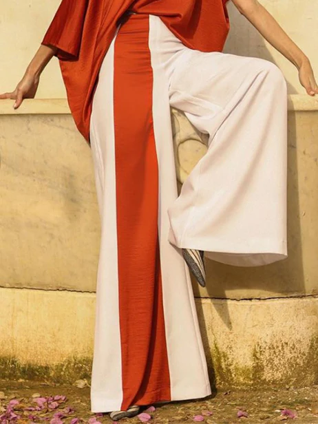 Batwing Sleeves Half Sleeves Solid Color Top + Contrast Color Wide Leg Pants Two Pieces Set - Image 5