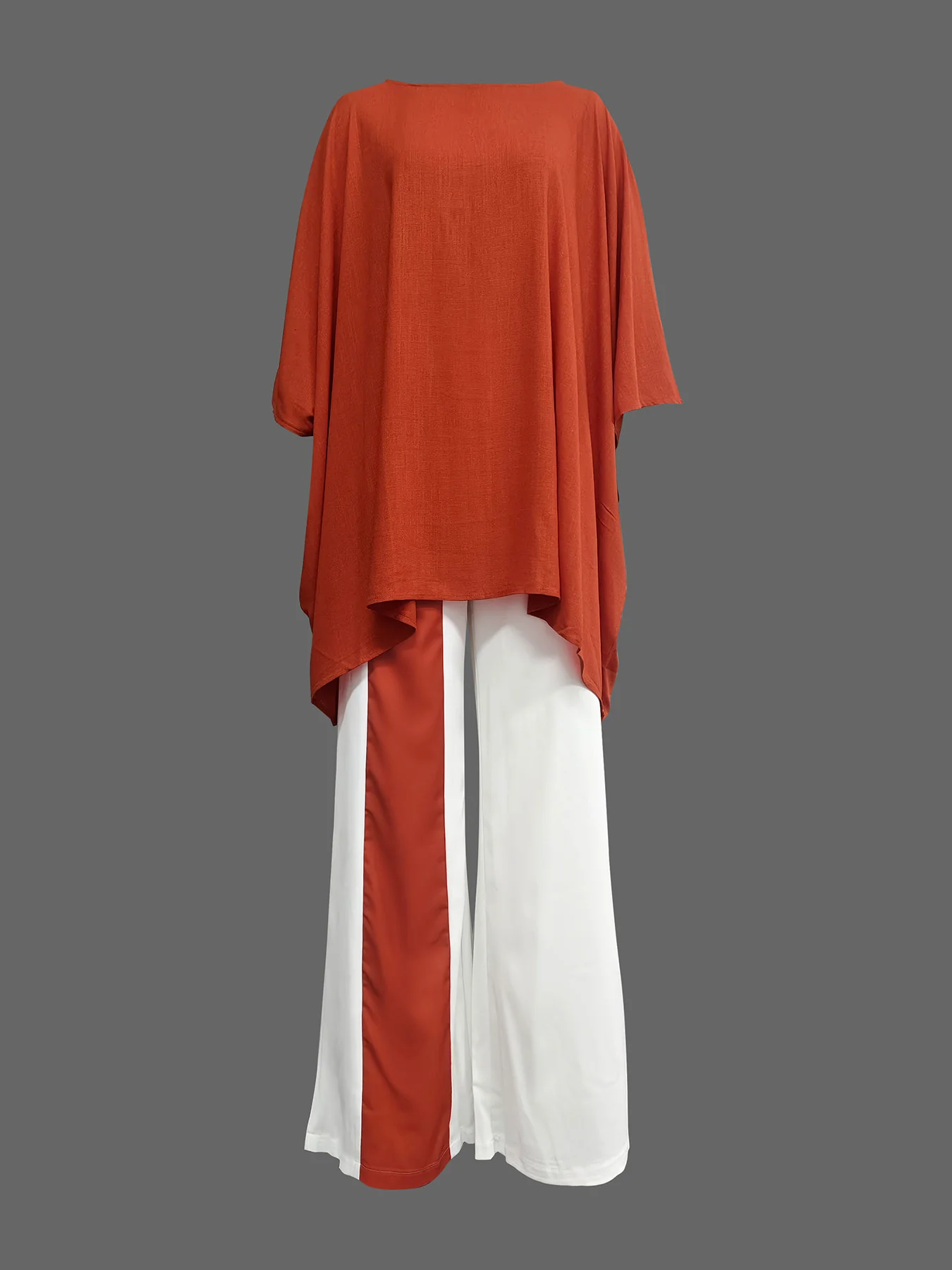 Batwing Sleeves Half Sleeves Solid Color Top + Contrast Color Wide Leg Pants Two Pieces Set - Image 7