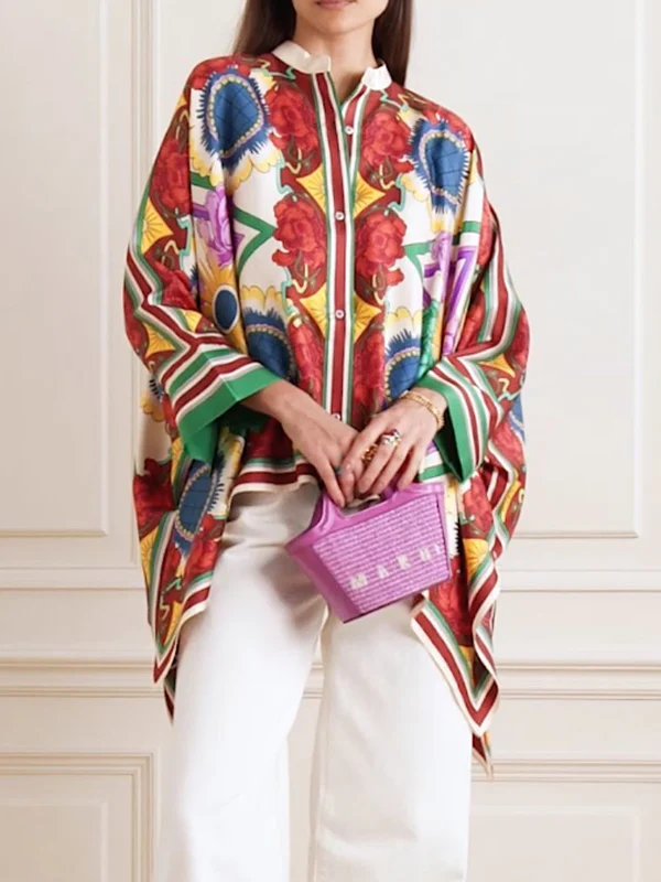Batwing Sleeves High-low Buttoned Flower Print Stand Collar Blouses&shirts Tops - Image 2