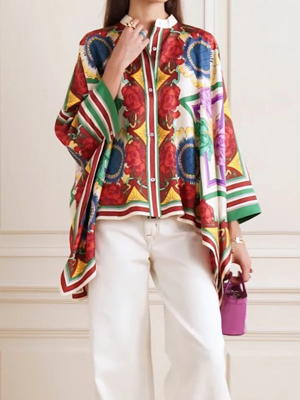 Batwing Sleeves High-low Buttoned Flower Print Stand Collar Blouses&shirts Tops - Image 3