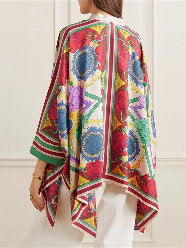 Batwing Sleeves High-low Buttoned Flower Print Stand Collar Blouses&shirts Tops - Image 4