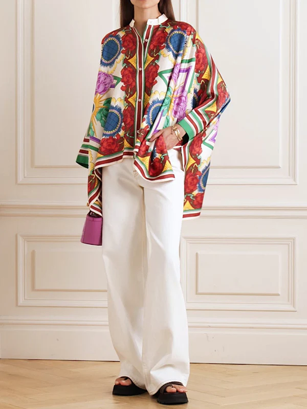 Batwing Sleeves High-low Buttoned Flower Print Stand Collar Blouses&shirts Tops - Image 5