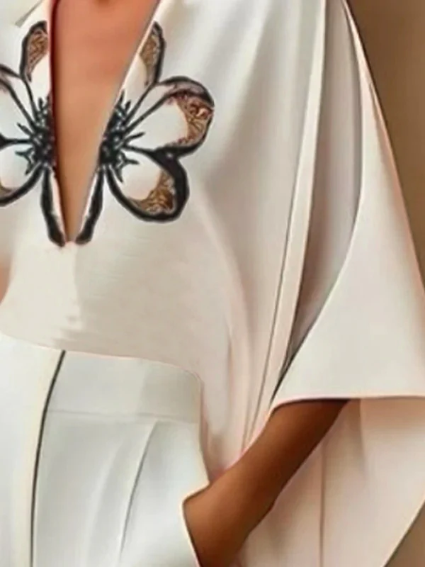Batwing Sleeves High-Low Flower Print V-Neck Blouses&Shirts Tops - Image 2