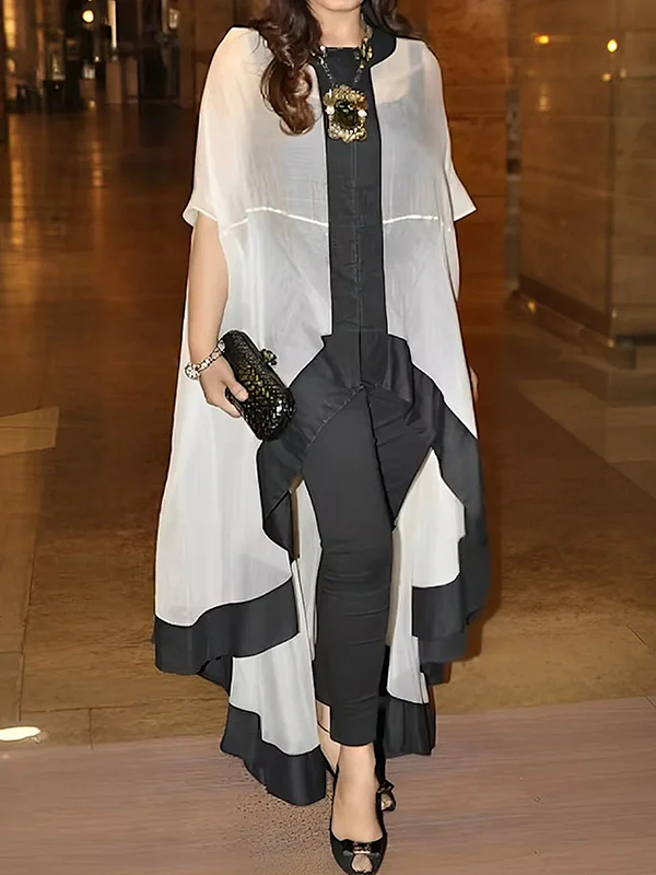 Batwing Sleeves High-low Gauze See-Through Split-Joint Round-neck Blouses&shirts Tops