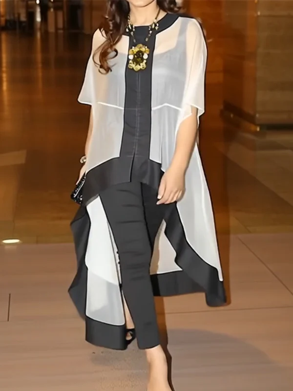 Batwing Sleeves High-low Gauze See-Through Split-Joint Round-neck Blouses&shirts Tops - Image 2