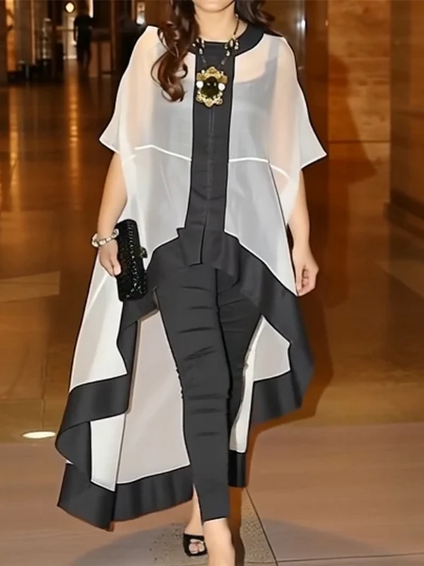 Batwing Sleeves High-low Gauze See-Through Split-Joint Round-neck Blouses&shirts Tops - Image 3