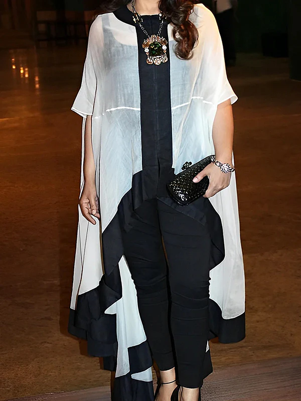 Batwing Sleeves High-low Gauze See-Through Split-Joint Round-neck Blouses&shirts Tops - Image 5