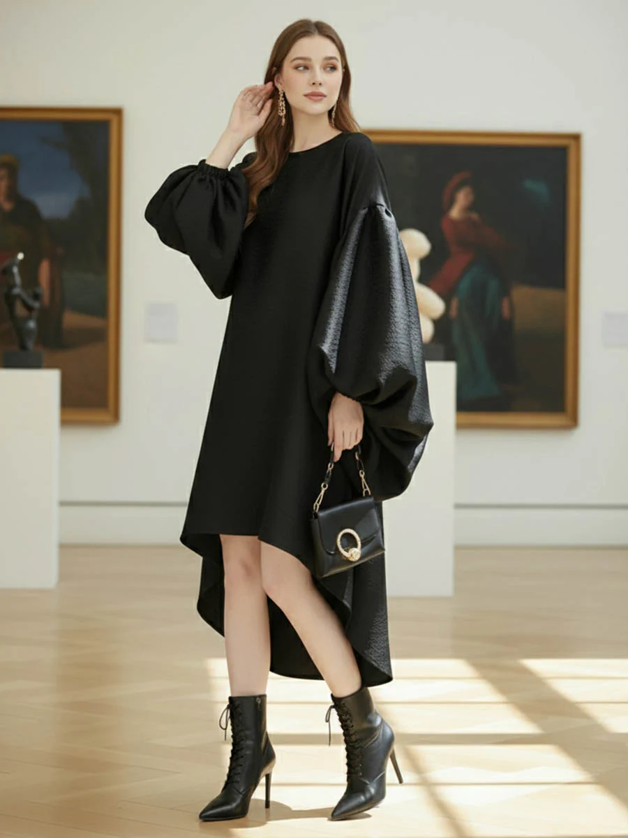 Batwing Sleeves High-Low Pleated Solid Color Split-Joint Round-Neck Midi Dresses - Image 3