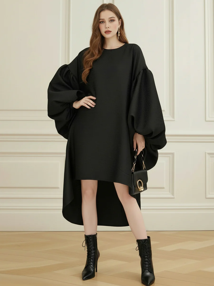 Batwing Sleeves High-Low Pleated Solid Color Split-Joint Round-Neck Midi Dresses - Image 4