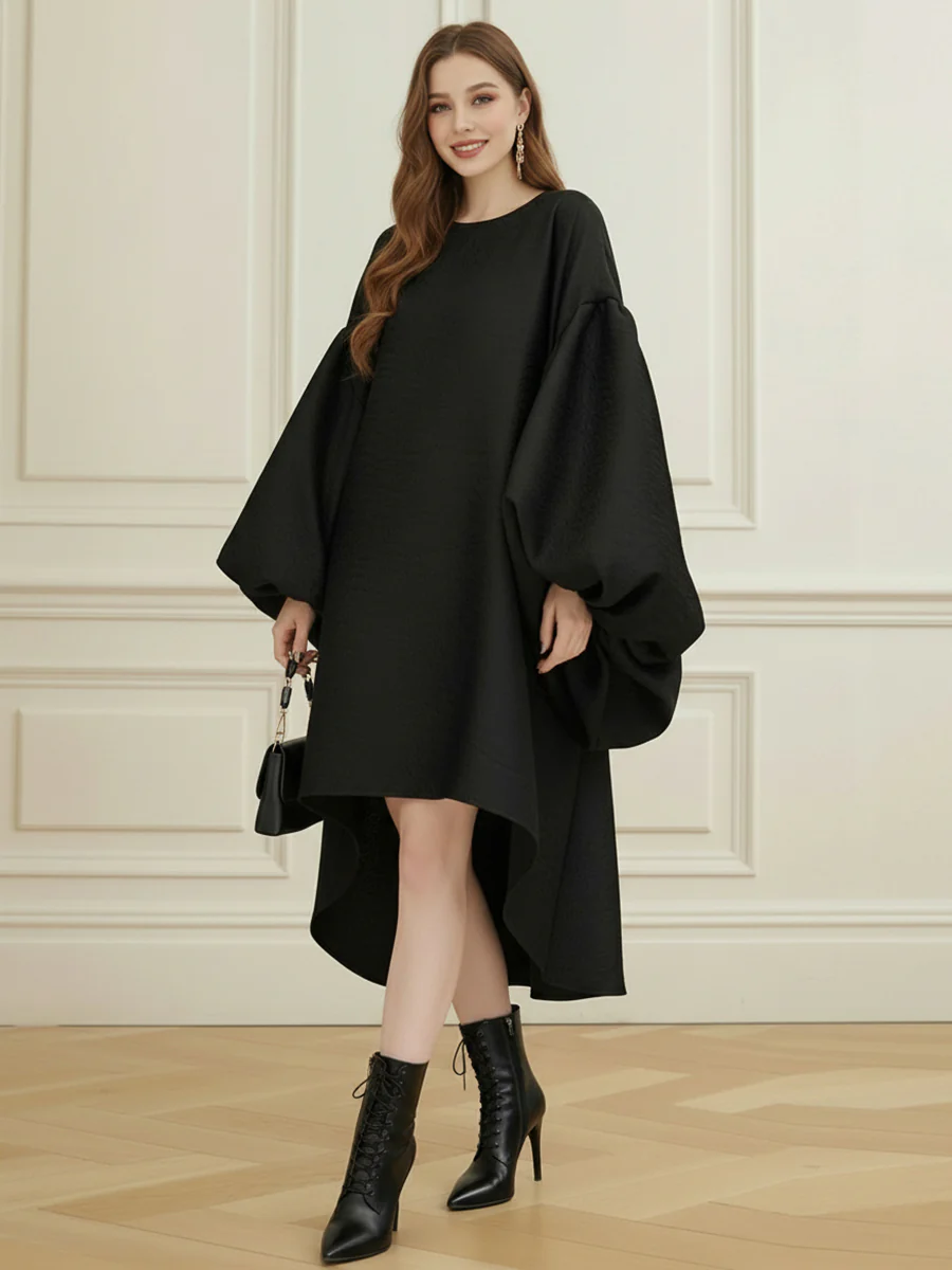 Batwing Sleeves High-Low Pleated Solid Color Split-Joint Round-Neck Midi Dresses - Image 5