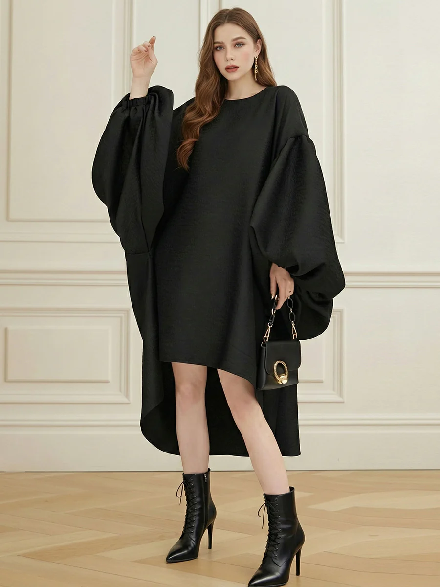 Batwing Sleeves High-Low Pleated Solid Color Split-Joint Round-Neck Midi Dresses - Image 6