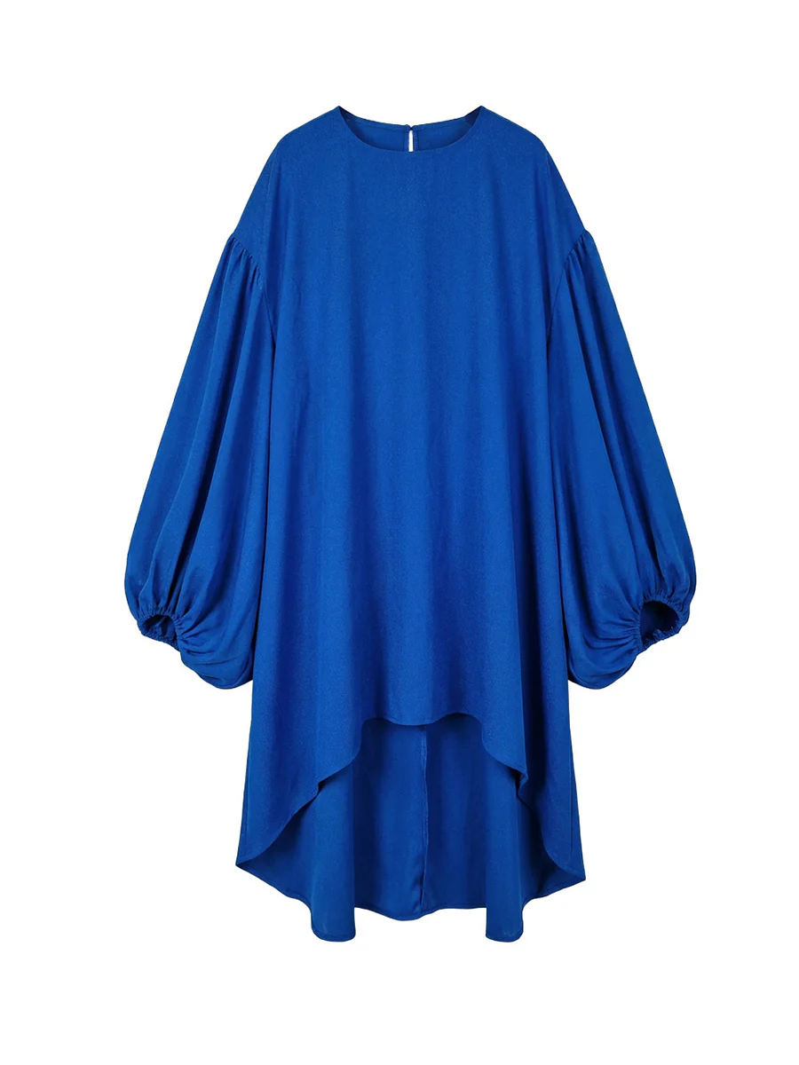 Batwing Sleeves High-Low Pleated Solid Color Split-Joint Round-Neck Midi Dresses - Image 7