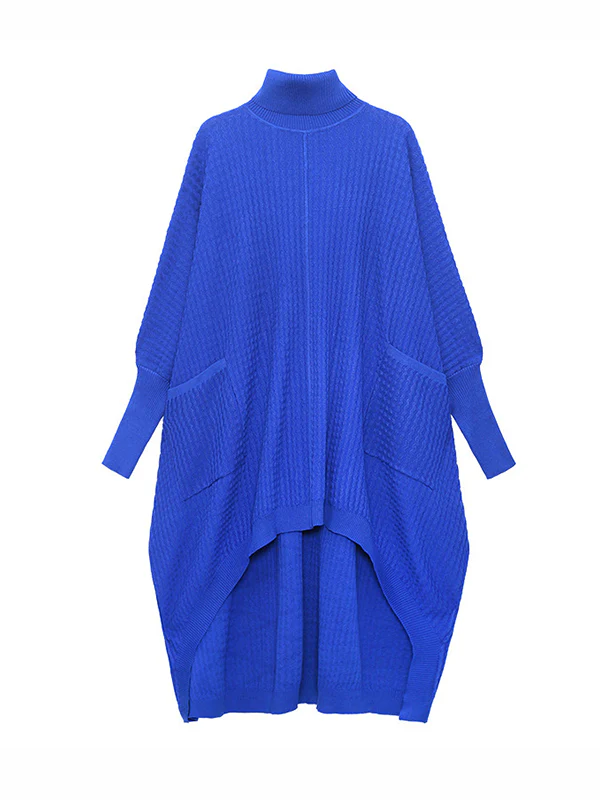 Batwing Sleeves High-Low Pockets Solid Color High-Neck Midi Dresses Sweater Dresses - Image 12