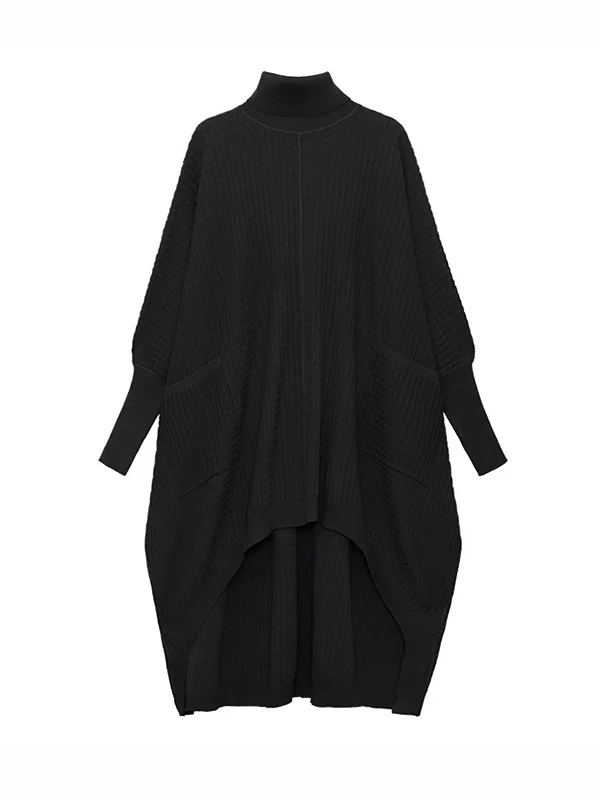 Batwing Sleeves High-Low Pockets Solid Color High-Neck Midi Dresses Sweater Dresses - Image 13