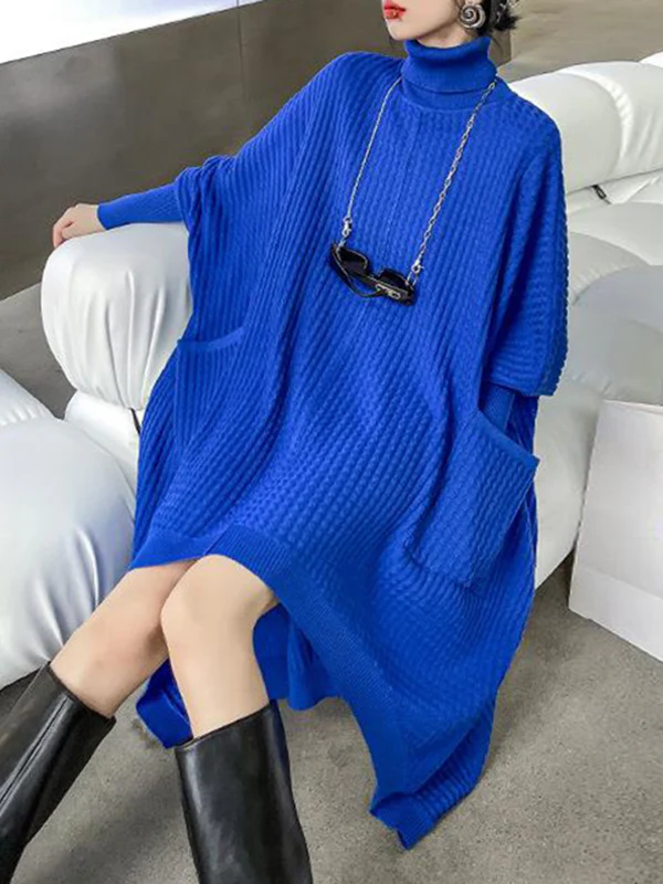 Batwing Sleeves High-Low Pockets Solid Color High-Neck Midi Dresses Sweater Dresses - Image 2