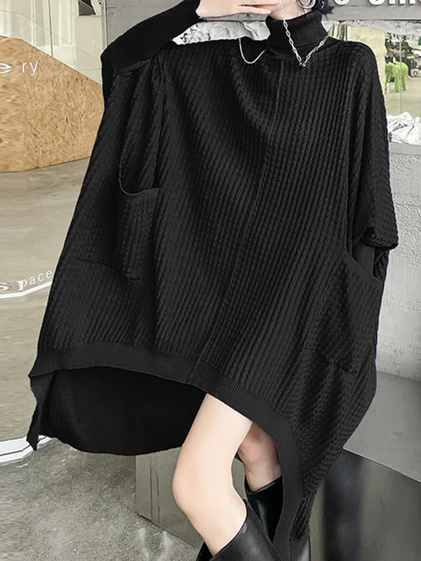 Batwing Sleeves High-Low Pockets Solid Color High-Neck Midi Dresses Sweater Dresses - Image 3