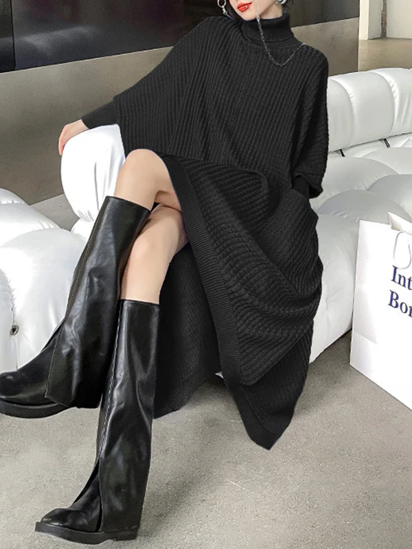 Batwing Sleeves High-Low Pockets Solid Color High-Neck Midi Dresses Sweater Dresses - Image 4