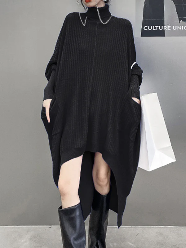 Batwing Sleeves High-Low Pockets Solid Color High-Neck Midi Dresses Sweater Dresses - Image 5