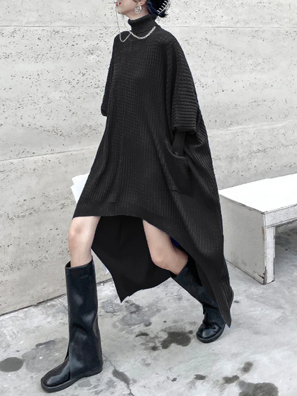 Batwing Sleeves High-Low Pockets Solid Color High-Neck Midi Dresses Sweater Dresses - Image 6
