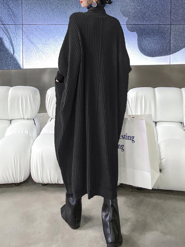 Batwing Sleeves High-Low Pockets Solid Color High-Neck Midi Dresses Sweater Dresses - Image 7