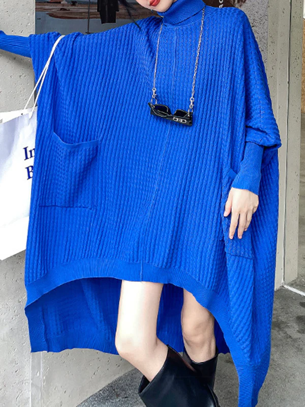 Batwing Sleeves High-Low Pockets Solid Color High-Neck Midi Dresses Sweater Dresses - Image 8