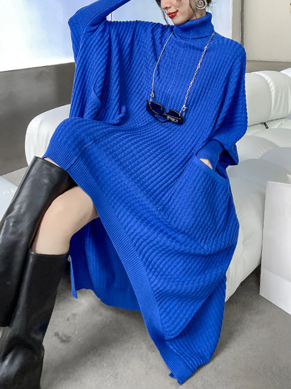 Batwing Sleeves High-Low Pockets Solid Color High-Neck Midi Dresses Sweater Dresses - Image 9