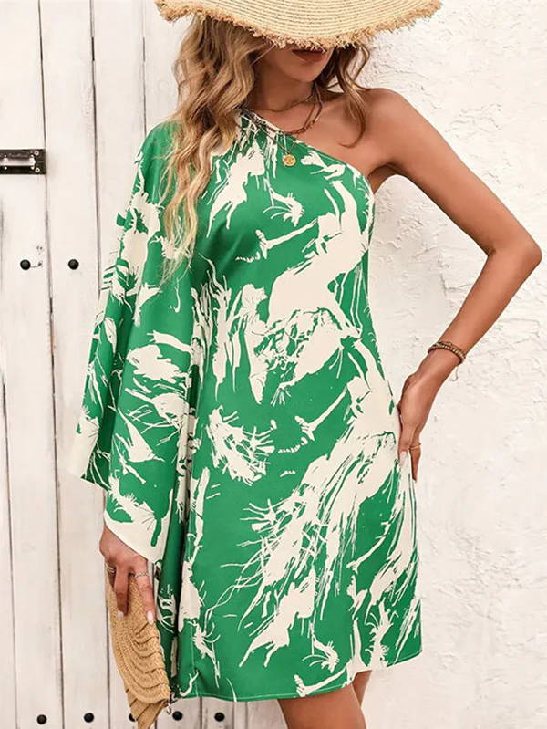 Batwing Sleeves High Waisted Asymmetric Printed One-Shoulder Mini Dresses - Image 4