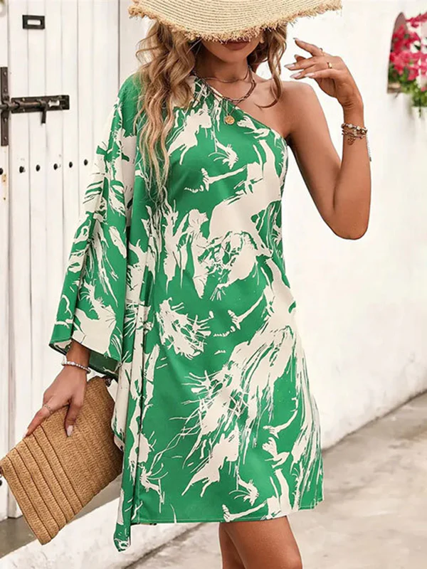 Batwing Sleeves High Waisted Asymmetric Printed One-Shoulder Mini Dresses - Image 5