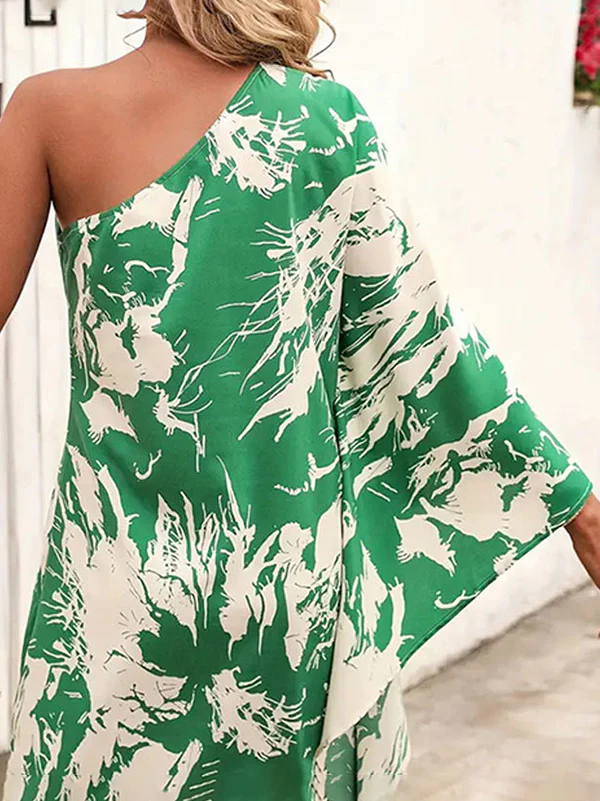 Batwing Sleeves High Waisted Asymmetric Printed One-Shoulder Mini Dresses - Image 6